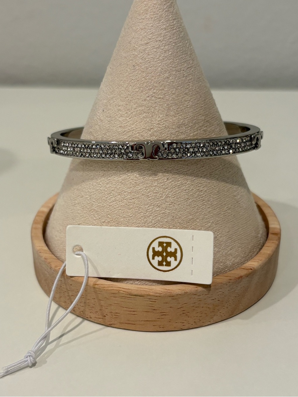 Tory Burch Silver Pavé Logo Hinged Bangle with Crystals